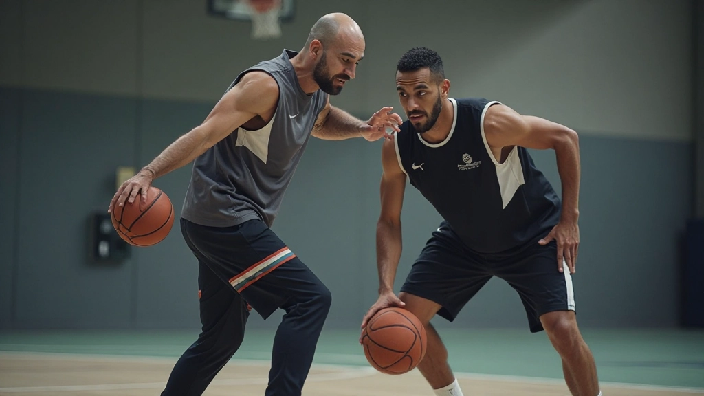 مدرب كرة السلة يوضح تمرين المناورة والتحكم بالكرة