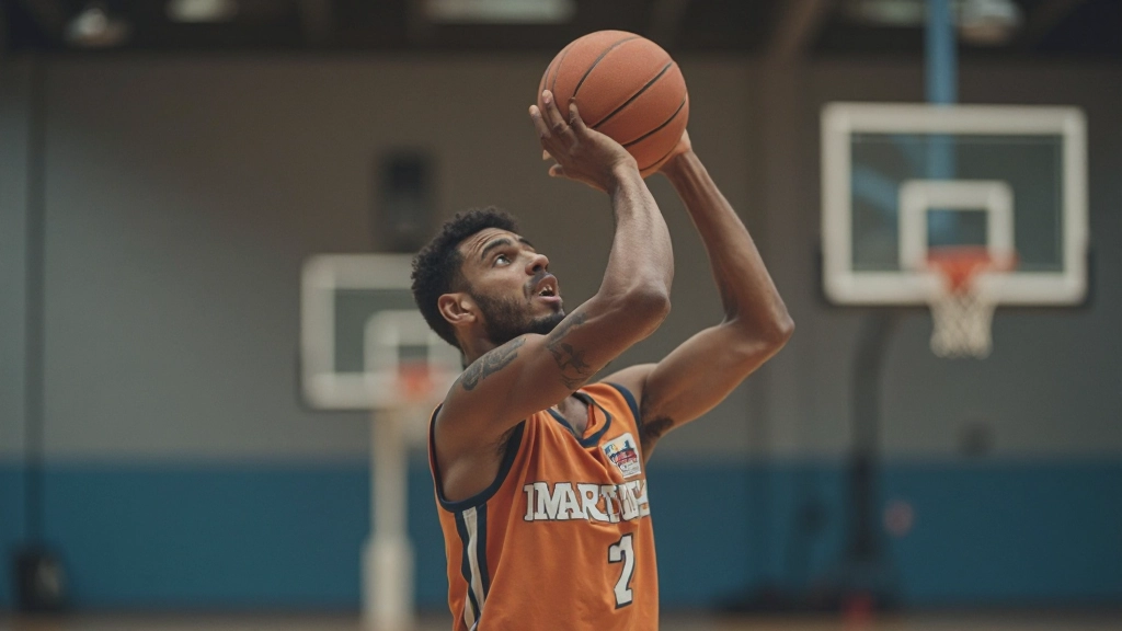 لاعب يقوم بتمرين تحسين دقة الرمي من المسافات البعيدة في ملعب كرة السلة